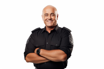 Fototapeta premium Middle aged man over isolated white background with police uniform