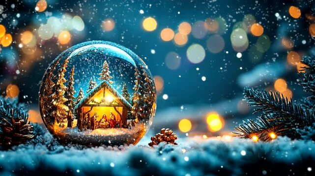 Snow Falling on Nativity Scene in Glass Globe | Magical Winter Animation. 30 seconds loop.