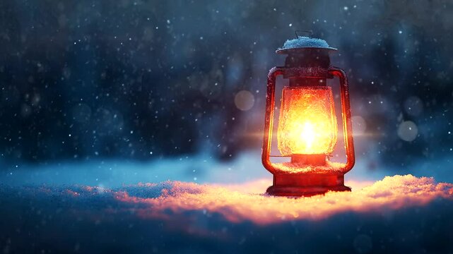 Classic Lantern in the Snow with Falling Snowflakes | Peaceful Winter Animation. 30 seconds loop