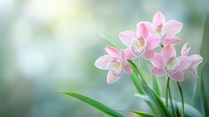 Delicate pink orchids in bloom, set against a soft, blurred background, showcasing the beauty and elegance of nature's intricate floral details.
