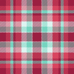 Preppy background check tartan, ethnicity plaid vector textile. Femininity fabric texture seamless pattern in red and teal colors.