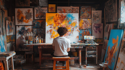A man is sitting at a table with a painting in front of him