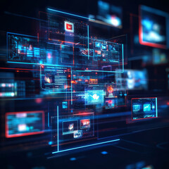 Fototapeta premium A dynamic digital collage with icons of social networks, streaming videos, and NFT symbols. Non-fungible token. Digital content concept.