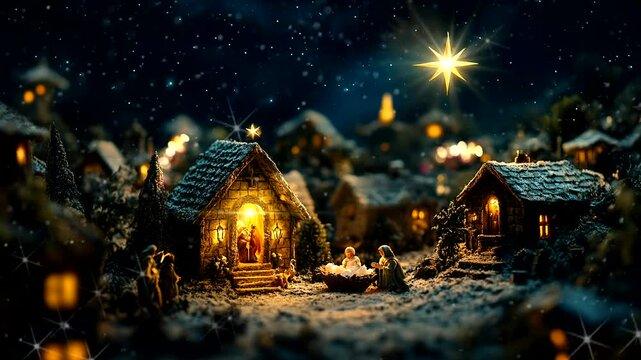 Snowy Nativity Scene with Village and Shining Star | Peaceful Christmas Animation. 30 seconds loop