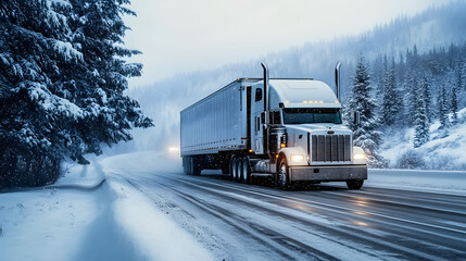 A large semi truck is driving down a snowy road