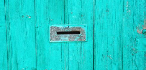 Door Looks Old Closeup Bright Turquoise Vertical Outdoors