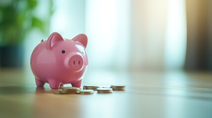 Pink piggy bank with coins on wooden floor, natural green blur background, perfect for copy space