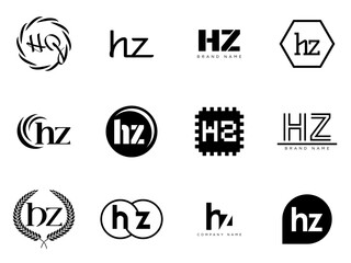 HZ logo company template. Letter h and z logotype. Set different classic serif lettering and modern bold text with design elements. Initial font typography.