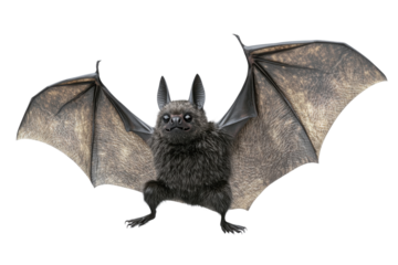 A fluffy bat in mid-flight with wings spread wide against a white isolated background.