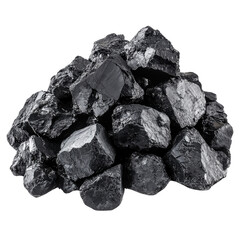 A pile of coal pieces on a white isolated background, showcasing the texture and shape of each piece.