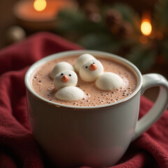 Cozy Cup of Hot Chocolate with Marshmallows Shaped Like Snowmen in a Winter Setting