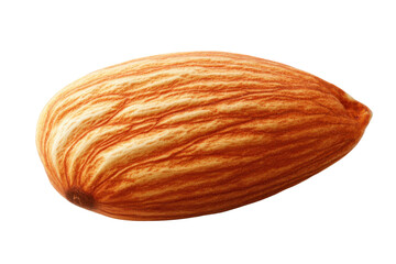 Close-up of a single almond with a textured surface on a white background.