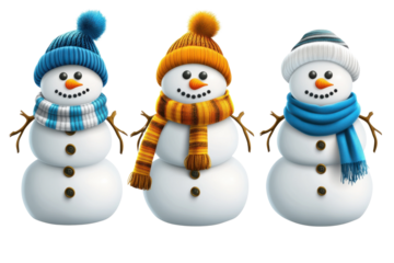 Three cheerful snowmen in winter hats and scarves, isolated on a white background.