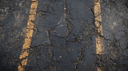 Close up of cracked asphalt with yellow lines.