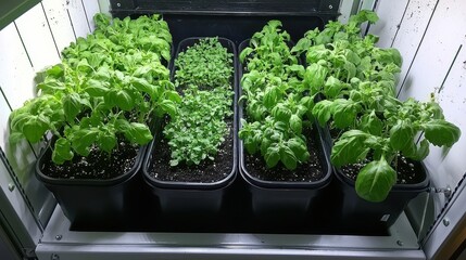 A row of plants are growing in a greenhouse