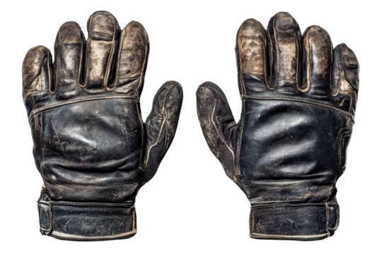 Worn black leather gloves on white isolated background.