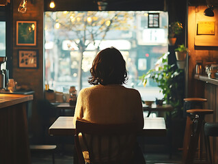 Back of a lonely lady sits at the cafe watching city view picture