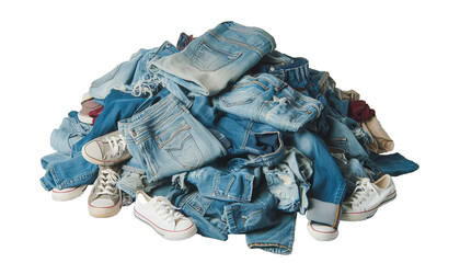 Pile of jeans and sneakers for recycling on a transparent background