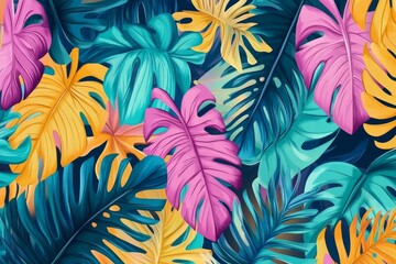 Vibrant tropical foliage in shades of blue, yellow, and pink creates a lively and artistic backdrop for summer celebrations