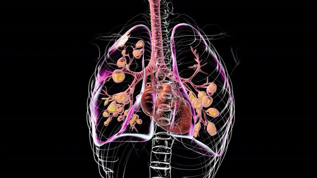 Lungs affected by cystic fibrosis, a genetic disorder causing thick mucus production. 3D animation shows bronchi dilation due to mucus accumulation and inflammation.