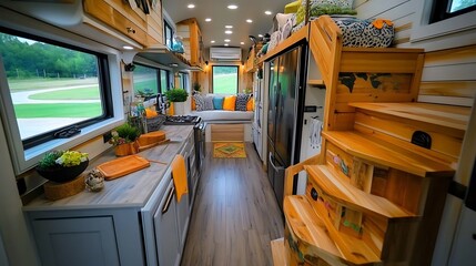 Fototapeta premium Modern Tiny Home Interior Design with Kitchen and Loft Bedroom