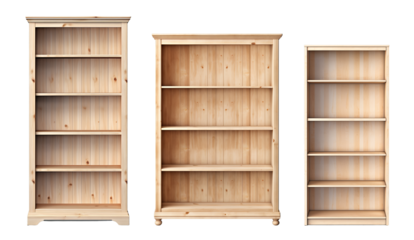 Collection of wooden bookshelves on a white isolated background.