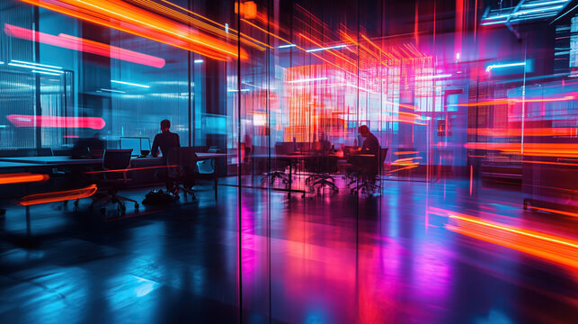 long exposure with motion blur light trail of modern neon open space office room   