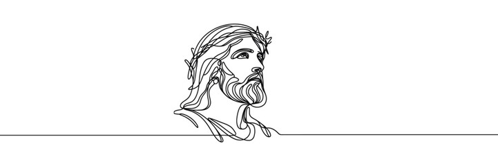 Vector linear image on white background, one line. Picture of Jesus Christ in a wreath of thorns