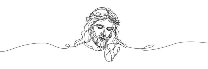 Vector linear image on white background, one line. Picture of Jesus Christ in a wreath of thorns