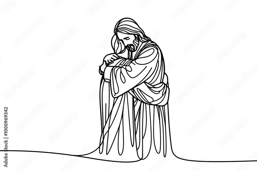 Wall mural Vector linear image on white background, one line. Jesus embraces a man, Jesus embraces a sinner