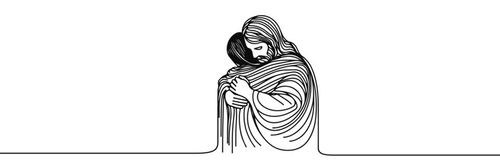 Vector linear image on white background, one line. Jesus embraces a man, Jesus embraces a sinner