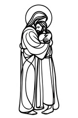 Vector linear image on white background, one line. Jesus embraces a man, Jesus embraces a sinner