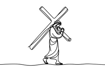 Vector linear image on white background, one line. Jesus Christ carrying the cross to Golgotha