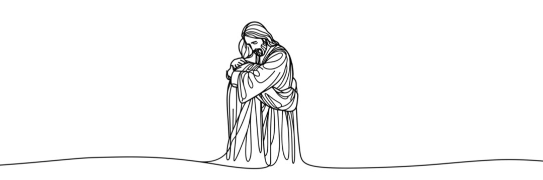 Vector linear image on white background, one line. Jesus embraces a man, Jesus embraces a sinner