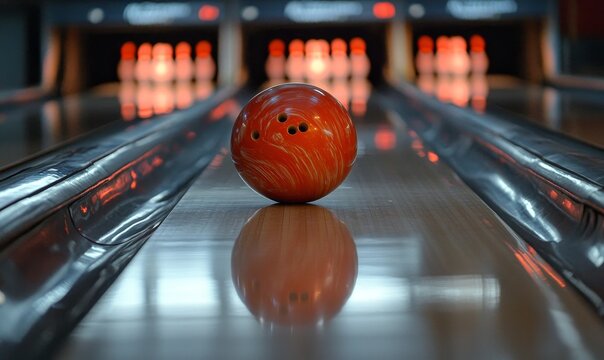 Orange bowling ball on the lane.