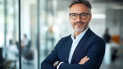 Fototapeta premium Mature businessman smiling confidently in office environment