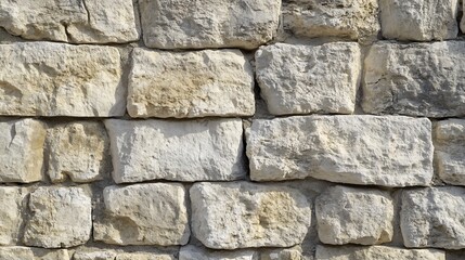 Fototapeta premium Close up of a natural stone wall with white and gray textured blocks.