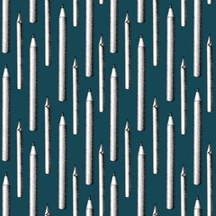 Seamless pattern with different stationery, pencils. Hand drawn black objects on grey background. Education Back to School concept. Illustration line draw pencil. For wrapping, fabric, wallpaper.