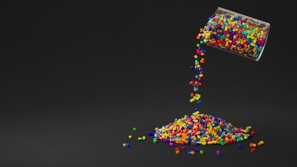 Colorful plastic polypropylene granules pouring from the glass on a black backdrop, masterbatch polymer grain pile. HDPE or PVC resin pellets. Place for text. 3d render illustration