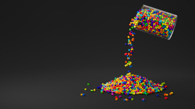 Colorful plastic polypropylene granules pouring from the glass on a black backdrop, masterbatch polymer grain pile. HDPE or PVC resin pellets. Place for text. 3d render illustration