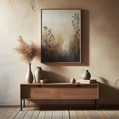 Rustic wood console table against beige stucco wall with copy space.minimalist interior design of modern entrance hall