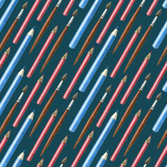 Seamless pattern watercolor with stationery, pencil, brush. Hand drawn objects on grey background. Education Back to School concept. For wrapping, fabric, wallpaper. Illustration draw diagonal