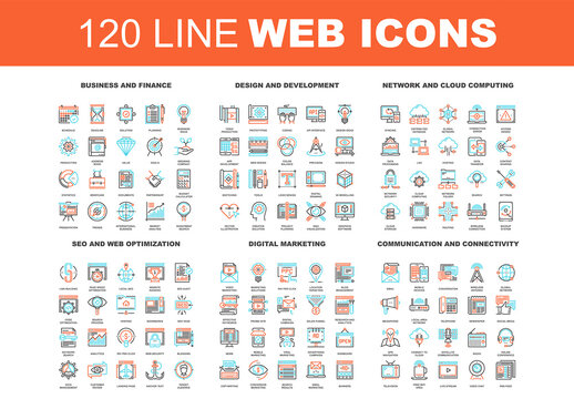 Vector set of 120 flat line web icons on following themes - business and finance, design and development, network and cloud computing, SEO and web optimization, digital marketing, communication