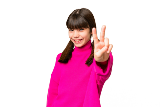 Little caucasian girl over isolated background smiling and showing victory sign