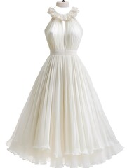 Fototapeta premium Elegant White Halter Dress with Ruffled Collar and Pleated Skirt.