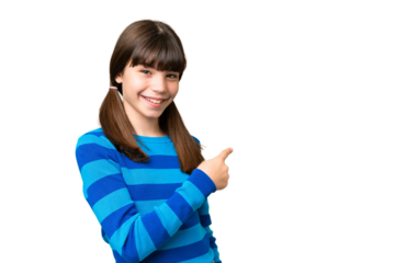 Little caucasian girl over isolated background pointing back