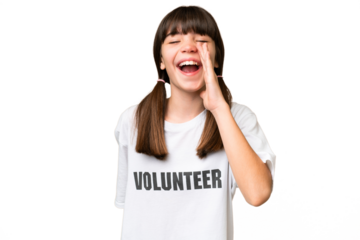 Little volunteer girl over isolated background shouting with mouth wide open