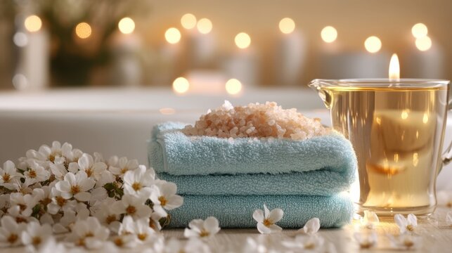 A cozy home spa setup with bath salts, herbal teas, and soft towels.