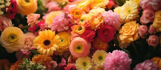 Fototapeta premium Vibrant Assortment of Colorful Flowers in Full Bloom, Featuring Roses, Gerberas, and Ranunculus in a Lush Garden Setting