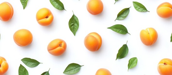 Fresh Apricots and Green Leaves Pattern on White Background - Minimalist Fruit Arrangement for Healthy Living and Nature Concepts